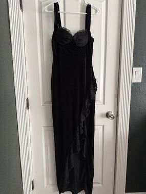 Windsor Black Velvet Maxi Dress with Lace Ruffle